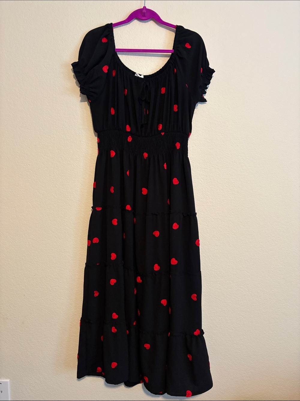 Black Maxi Dress with Red Heart Print and Smocked Waist